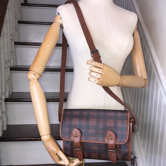 RALPH LAUREN Brown Red Tartan Plaid Crossbody Messenger Saddle Shoulder Bag - Picture 3 of 17